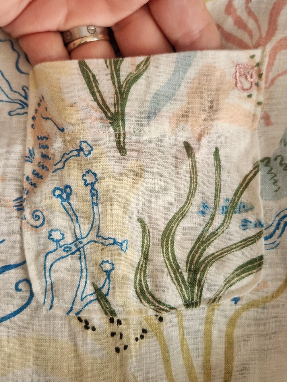 Spartina 449 Callie Linen Shirt Mermaid Coral Beach Seahorse Ocean Print Size L - Picture 7 of 10